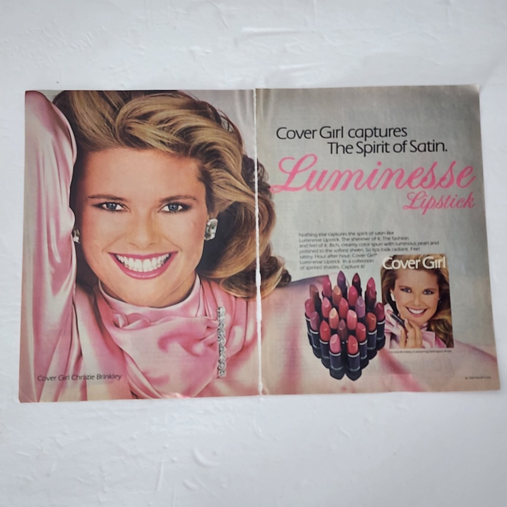 Vintage 1985 Cover Girl Print Ad Christie Brinkley Luminesse Lipstick 2 Page